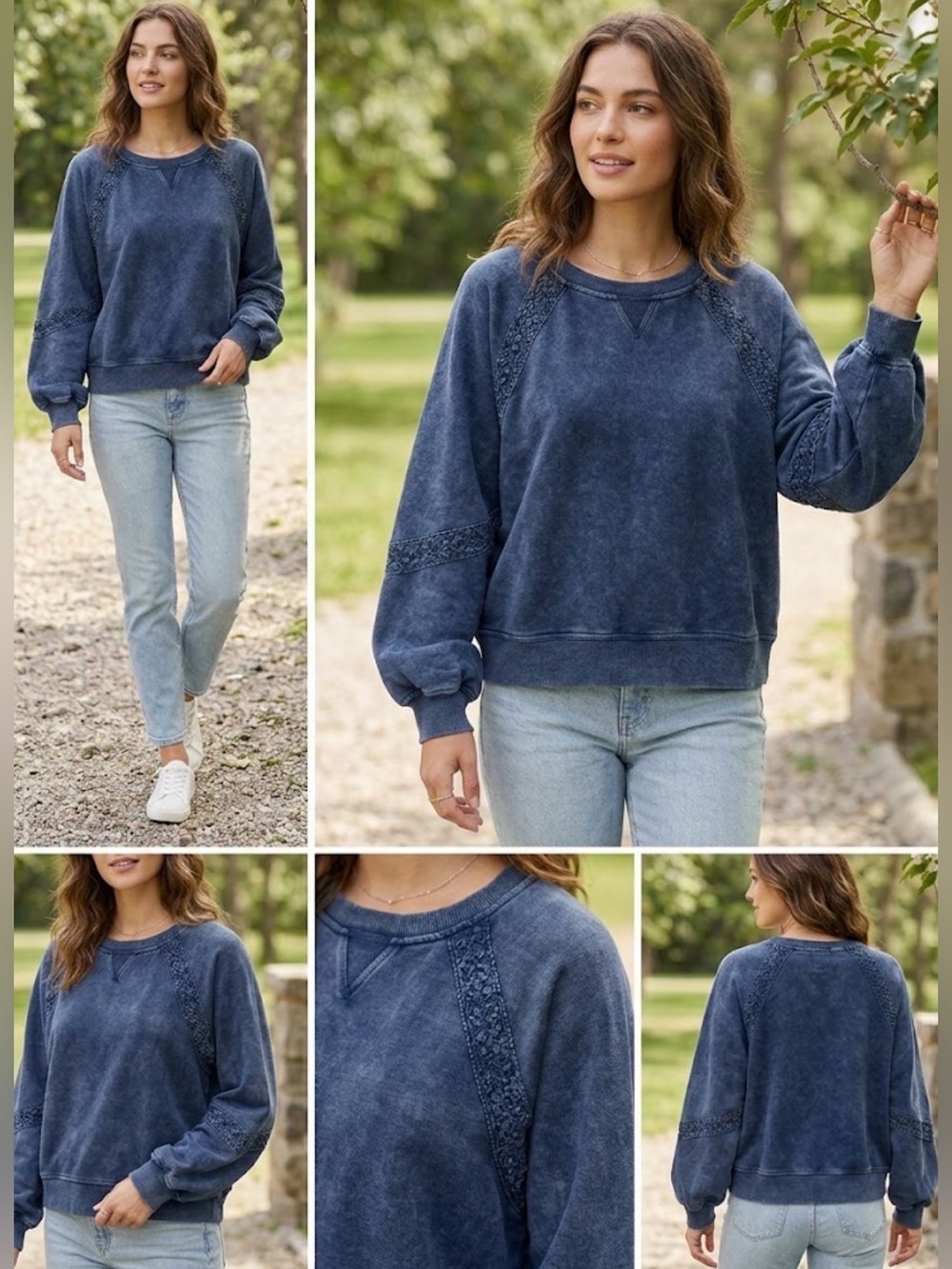 aerie Washed Navy Blue Crewneck Sweater with Lace Trim